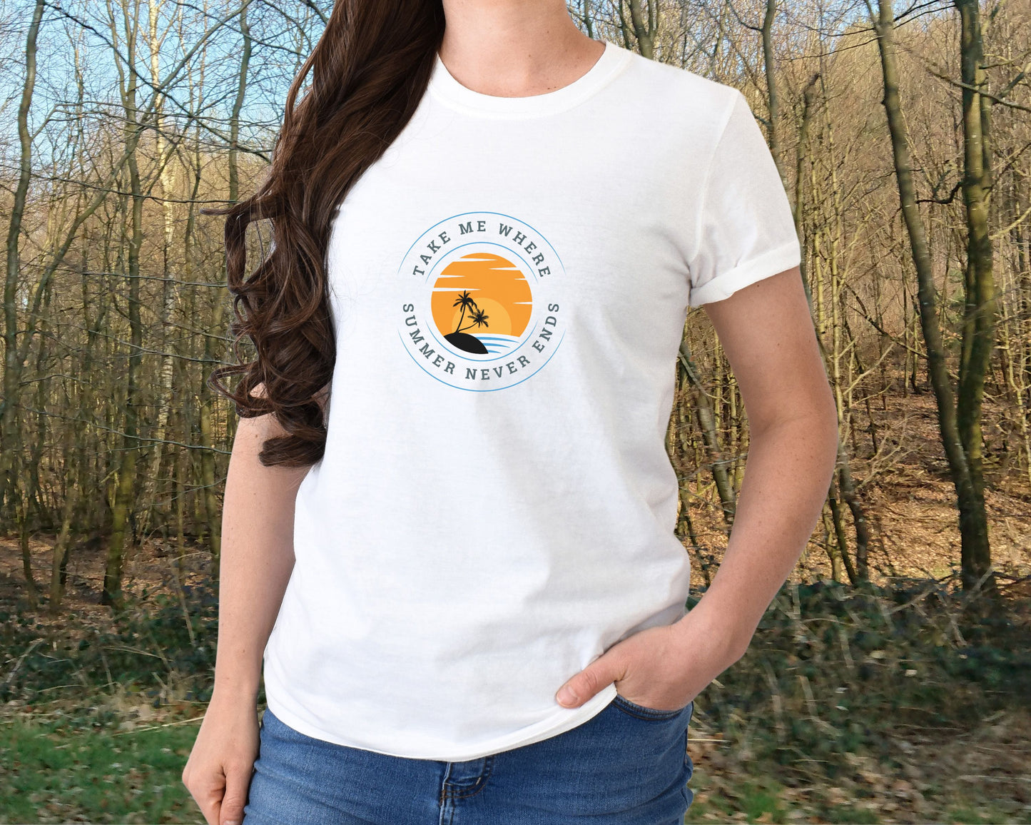 Take Me Where Summer Never Ends- Tropical version, soft, seasonal, white t-shirt