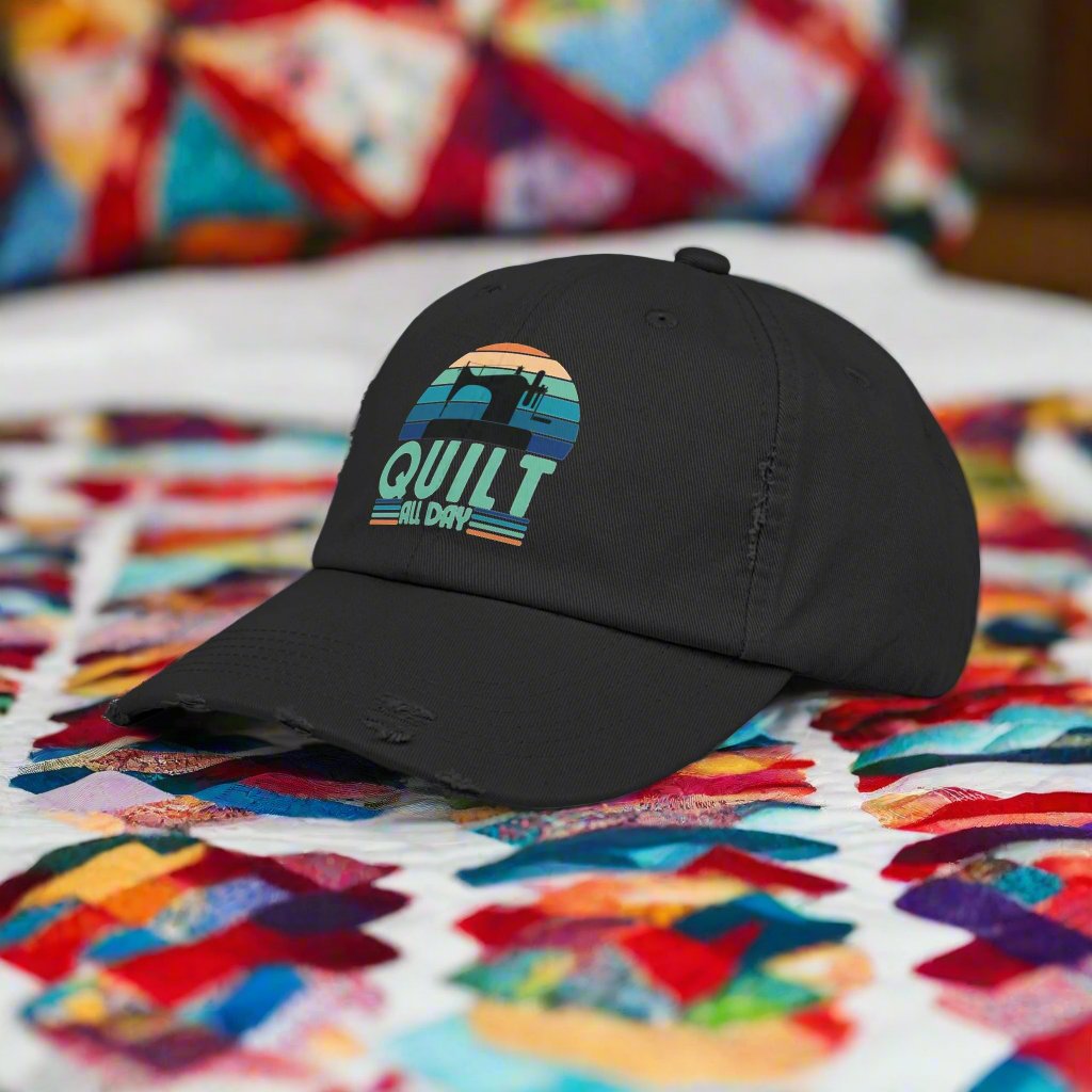 Quilt All Day Black Distressed Cap