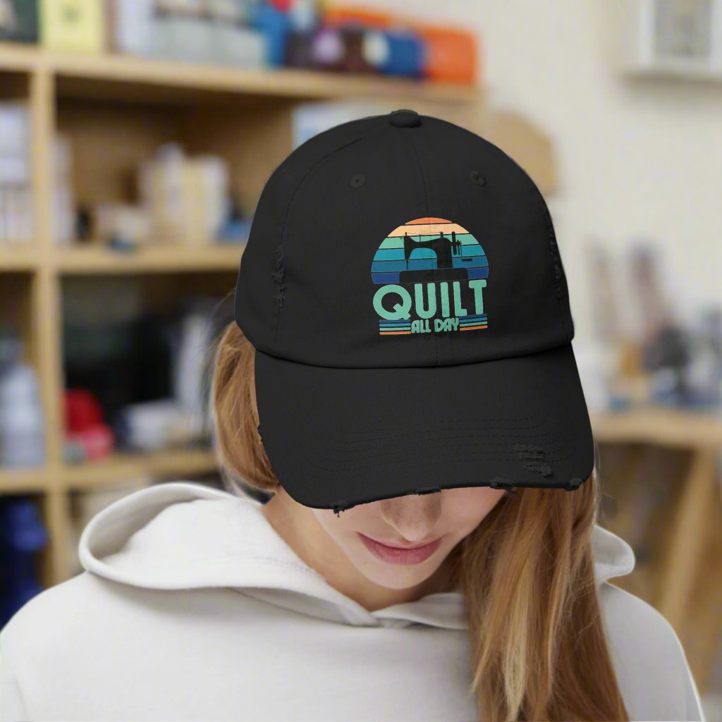 Quilt All Day Black Distressed Cap