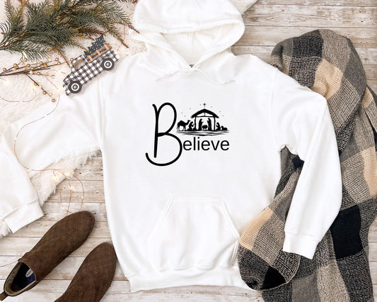 "Believe" Nativity Scene Hoodie- Faith, Comfort, and Christmas Joy