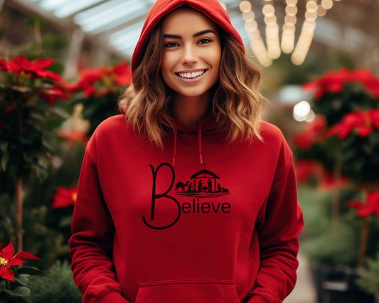 "Believe" Nativity Scene Hoodie- Faith, Comfort, and Christmas Joy
