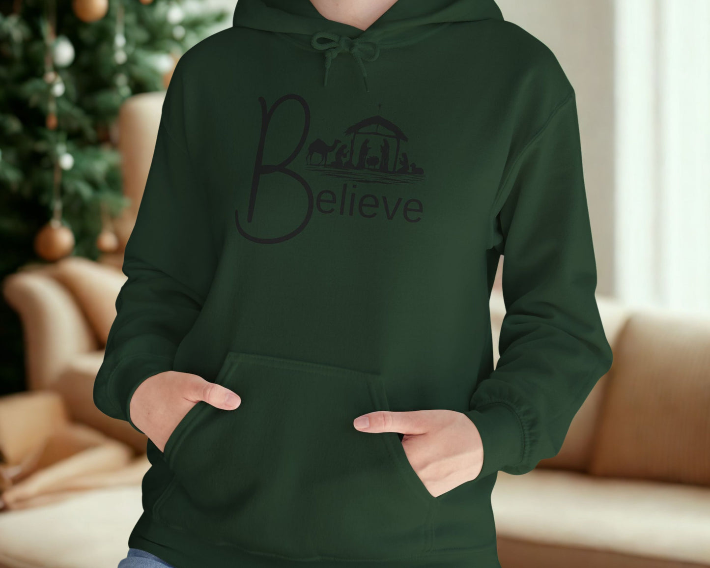 "Believe" Nativity Scene Hoodie- Faith, Comfort, and Christmas Joy