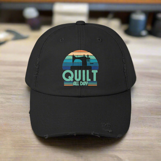 Quilt All Day Black Distressed Cap