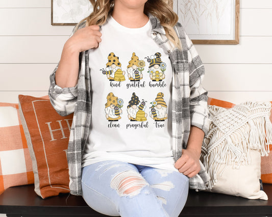 Be Kind, Grateful, Humble, Clean, Prayerful, and True Inspirational Gnome Bee Shirt