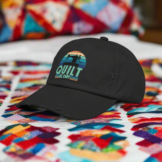 Quilt All Day Black Distressed Cap