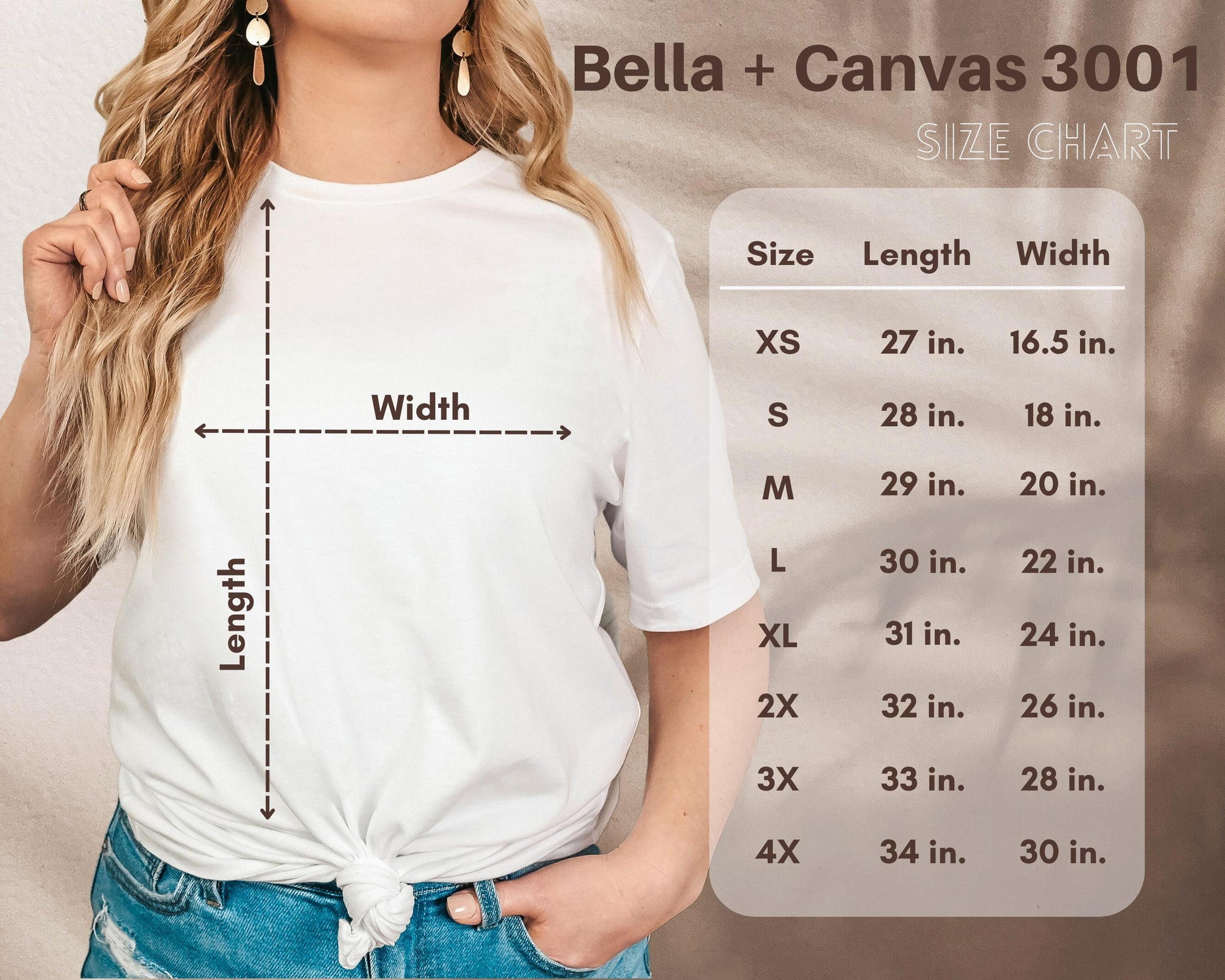 Bella+Canvas t-shirt size chart displaying measurements for sizes Extra Small (XS) to 4XL. Includes chest width, body length, and fit details to help customers choose the right size. 